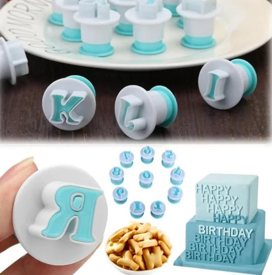 Alphabet & Numbers Cookie Cutter Set including letter and number stamps for baking and cake decorating.