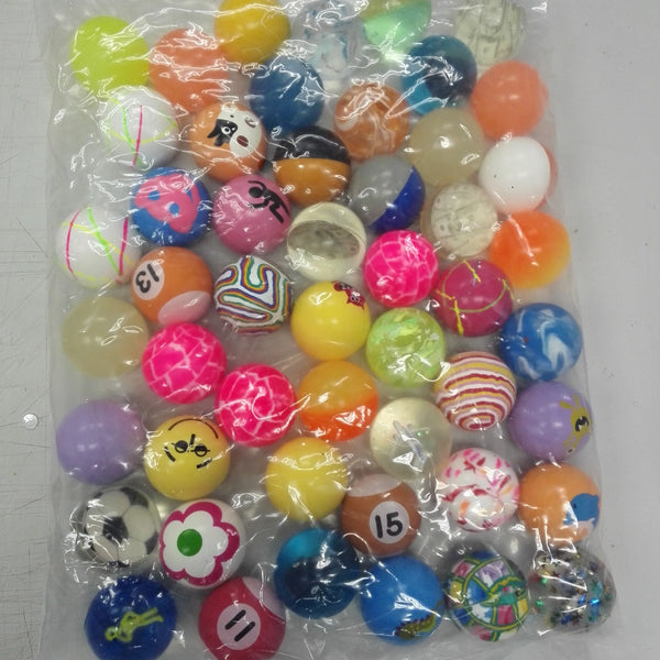 Bag of 45mm Mixed Rubber Bouncy Balls in various colors and designs, perfect for active entertainment for children.