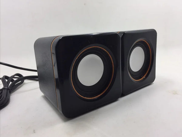 Mini USB Wired Speaker PC Speaker with dual speakers, showcasing a sleek black design and connecting cable.