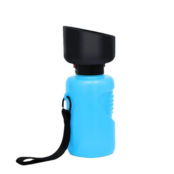 Portable Leak-Proof Dog Water Bottle and Bowl in blue with a black cap and strap.