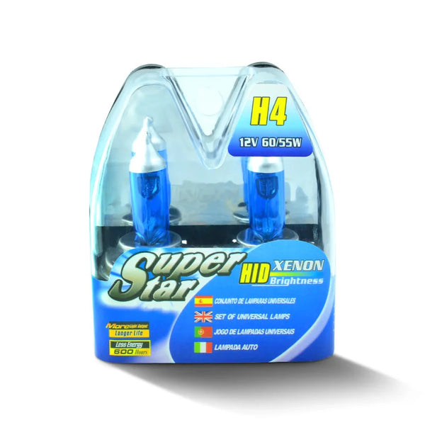 H4 Super White Xenon Auto Bulb package with two HID xenon bulbs for improved vehicle lighting.