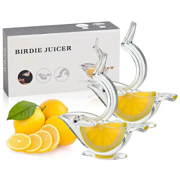 Bird-Shaped Acrylic Manual Lemon Squeezer with yellow lemons and packaging in a fun, decorative bird design.