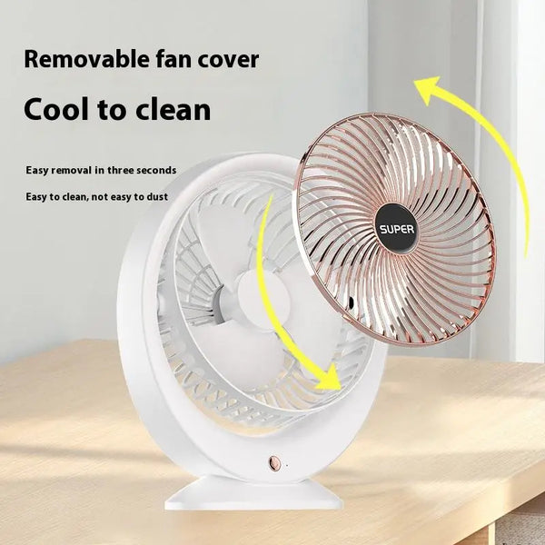 Rechargeable 180° Rotating Desktop USB Fan with removable cover for easy cleaning and convenience.