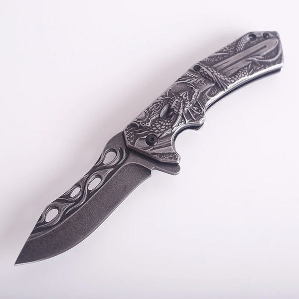 3D Embossed Dragon Folding Survival Knife with intricate dragon design on handle and sharp stainless steel blade.