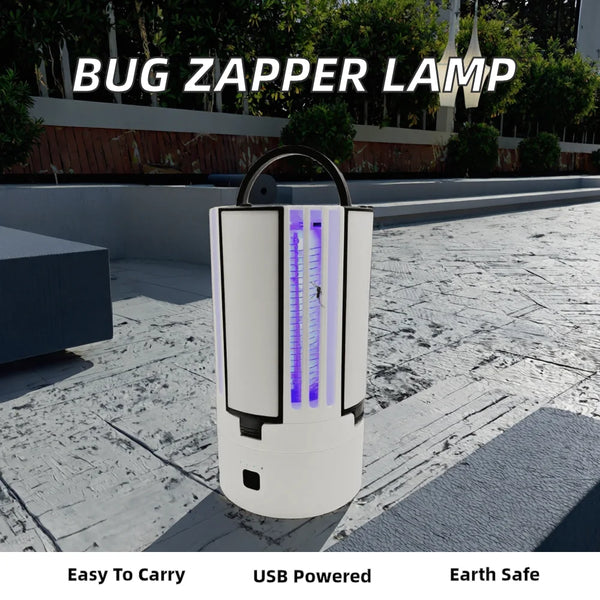 Rechargeable LED Mosquito Killer Lamp and Lantern on outdoor patio with UV light for insect attraction.