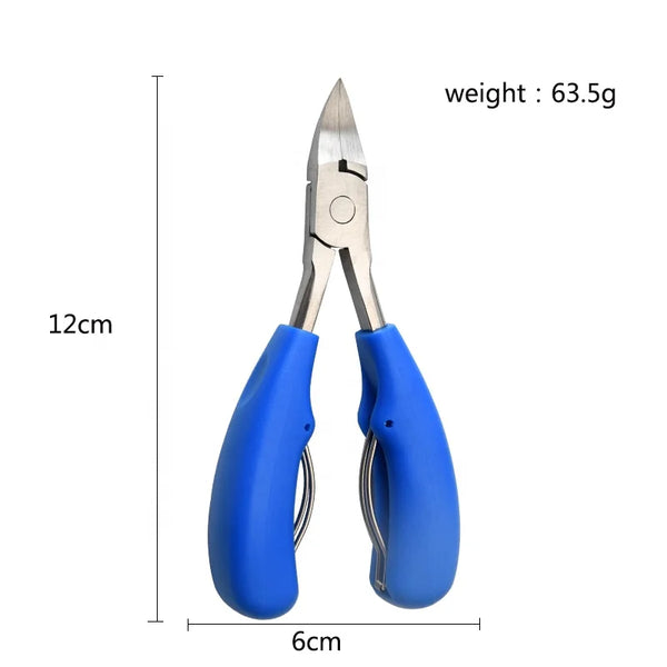 Professional Nail Cutter Nipper for Thick Nails with blue rubber handles and precision blades, measuring 12cm and weighing 63.5g.