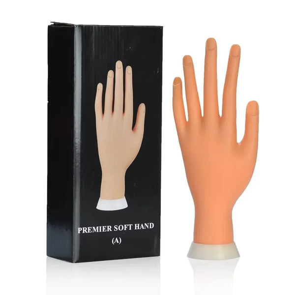 Flexible Soft Plastic Nail Art Practice Hand displayed next to its box, showcasing realistic life-size design and bendable fingers.
