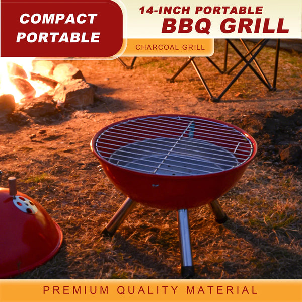 Portable Stainless Steel Charcoal BBQ Grill set up near a campfire, showcasing its compact design and quality materials.
