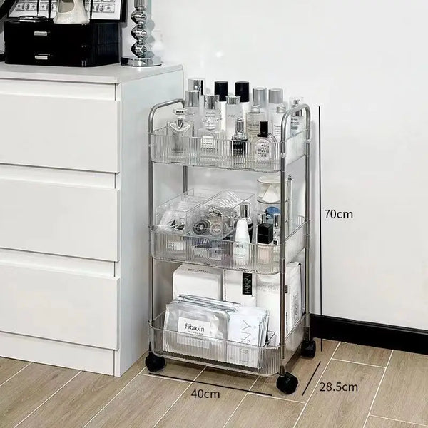 3-Tier Multipurpose Stainless Steel Rolling Organizer Cart with beauty products on display, measuring 70cm tall and 40cm wide.