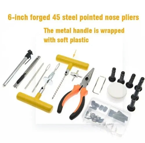 93 Piece Tire Repair Tool Set including 6-inch forged 45 steel pointed nose pliers with soft plastic handle.