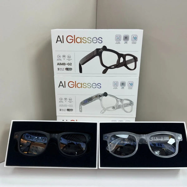 AI Camera Sunglasses with HD Video Recording showcased with packaging and two styles of glasses.