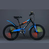 Kids 20-Inch 21-Speed Mountain Bike in blue and black with colorful rims for versatile riding on streets and light off-road.