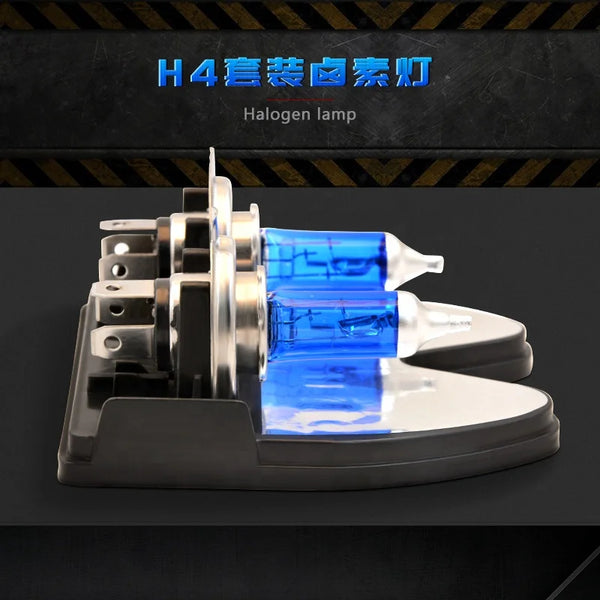 H4 Super White Xenon Auto Bulb displayed on a black base with blue halogen lamps for improved night visibility