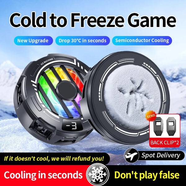 Mobile Gaming Phone Cooler with Digital Display showing semiconductor cooling technology and colorful lights.