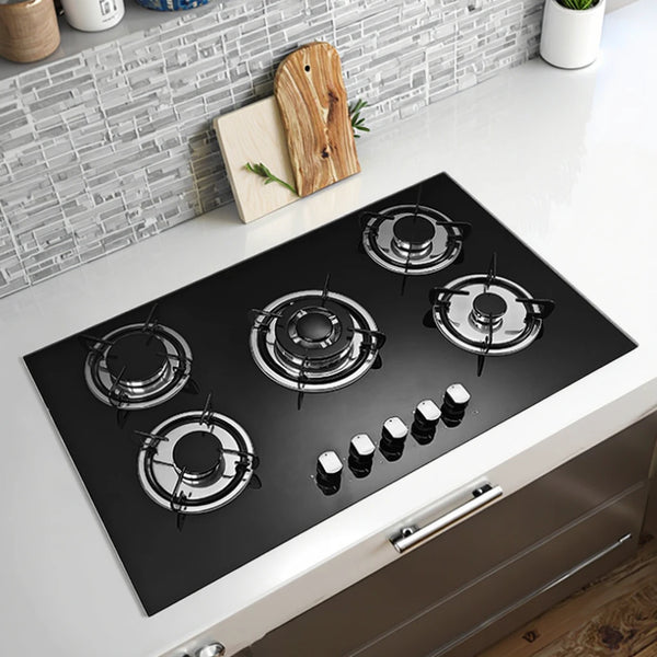 5 Burner Glass Gas Cooker Cooktop Induction Stove on a modern kitchen countertop with sleek design.