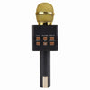 Wireless USB Audio Karaoke Microphone with gold mesh top and control buttons for music playback.