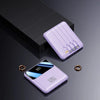 10000mAh Mini Power Bank with Built-In Cables in lavender color with display and integrated charging cables.