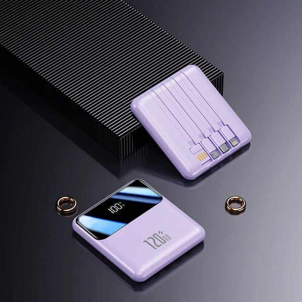 10000mAh Mini Power Bank with Built-In Cables in lavender color with display and integrated charging cables.