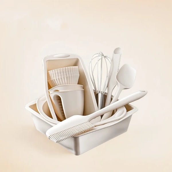 Non-Stick Silicone Kitchen Utensils Set featuring a variety of essential cooking tools in a white container.