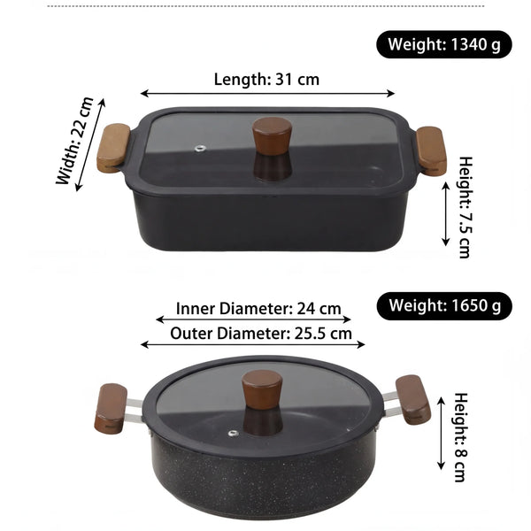 Black Stainless Steel Double Bottom Cookware with Glass Lids