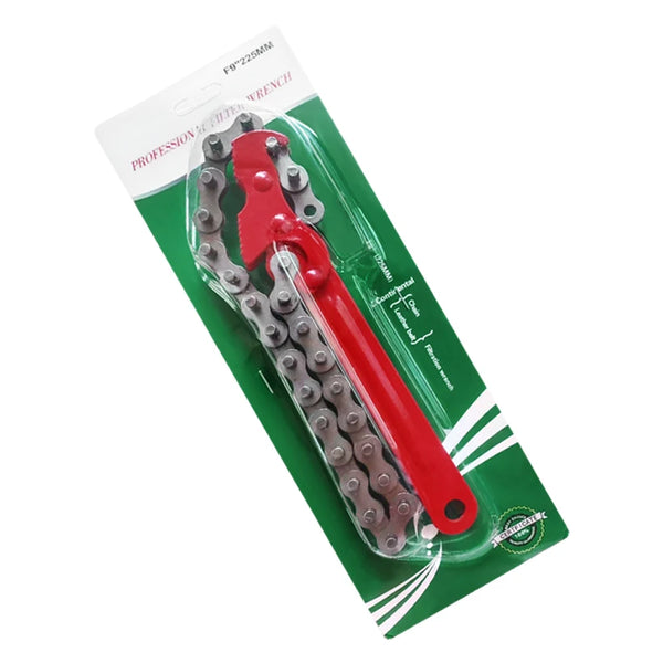 9 Inch Adjustable Chain Oil Filter Wrench packaged and ready for use in vehicle maintenance tasks.