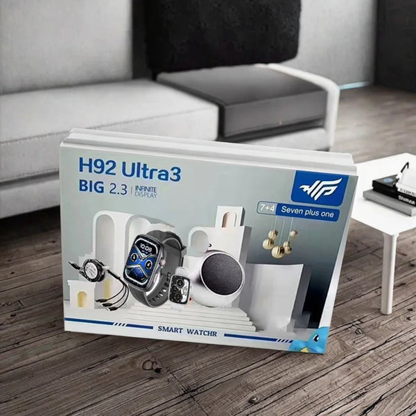H92 Utra3 Smartwatch Fitness Tracker packaging showcasing features and design on a modern living room table.