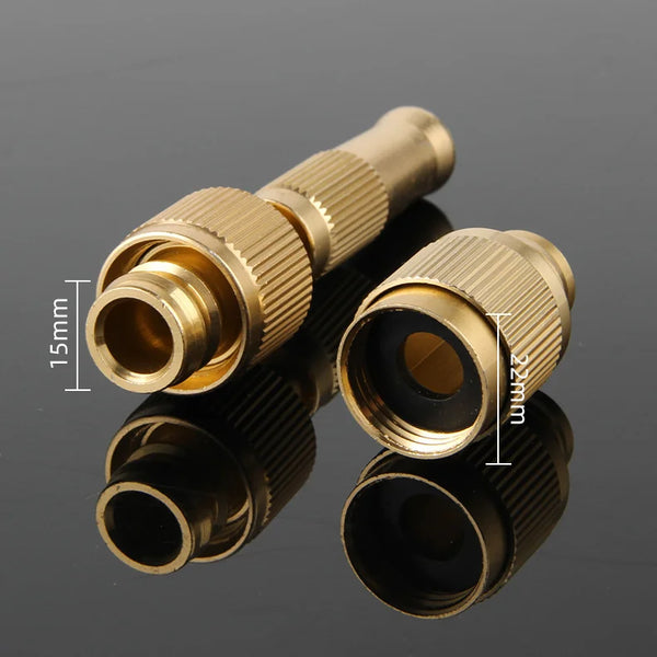 Heavy Duty Brass High Pressure Hose Nozzle showing dimensions and details of the robust design for optimal spraying control.