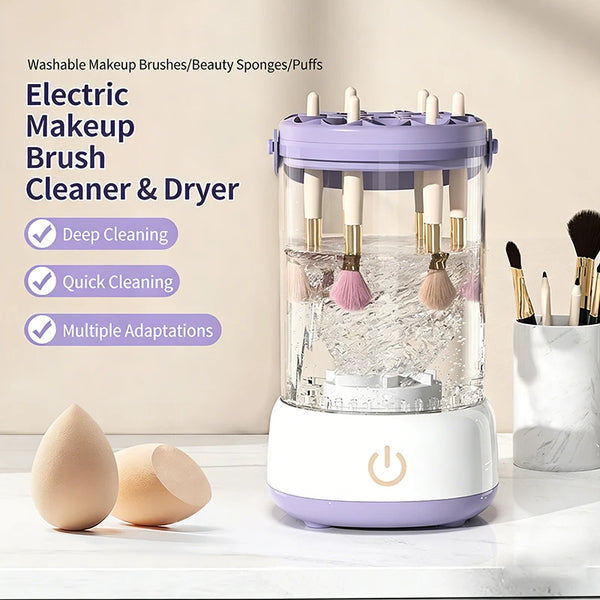 Automatic High-Speed Makeup Brush Cleaner and Dryer with brushes in water for deep, quick cleaning and drying.