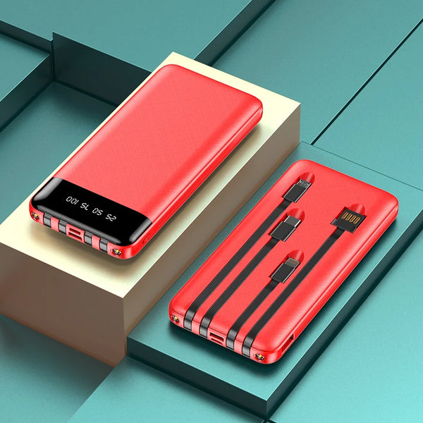 Digital Display Portable Power Bank in vibrant red color with clear battery display and multiple charging cables.