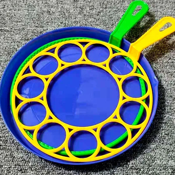 Colorful Outdoor Kids Bubble Toy Set with bubble wand and tray for creating large, shimmering bubbles.