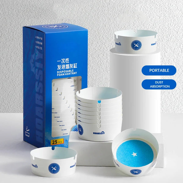 Disposable Ashtray Cups for Home & Office Use - Pack of 25, featuring portable design and dust absorption.