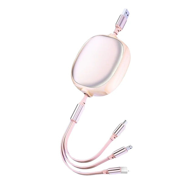 3-in-1 Retractable Fast Charging USB Cable with Micro USB, Lightning, and Type-C connectors.