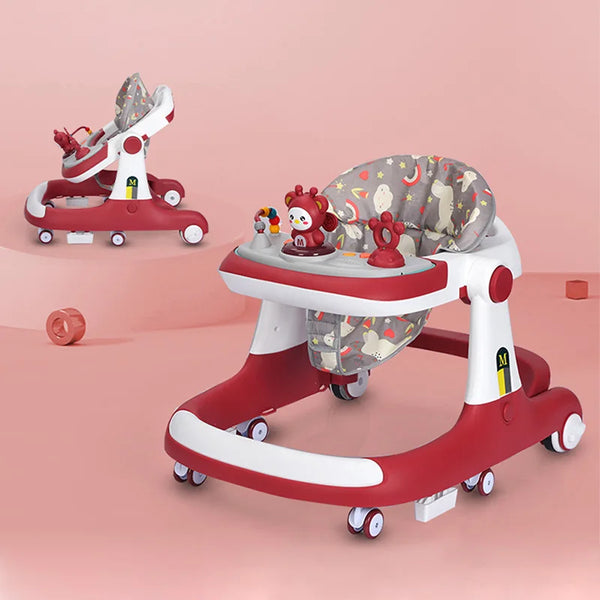 Foldable 3-in-1 Baby Learning Walker with Wheels and Seat in red and gray design for toddlers.