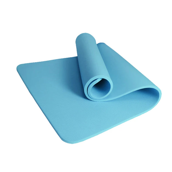Thick Solid Yoga Mat for Fitness in blue color, rolled and unrolled showing texture for stability during workouts.