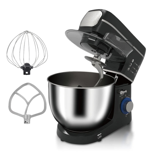 1400W Multifunction Stand Mixer with Meat Grinder featuring stainless steel bowl and mixing attachments.