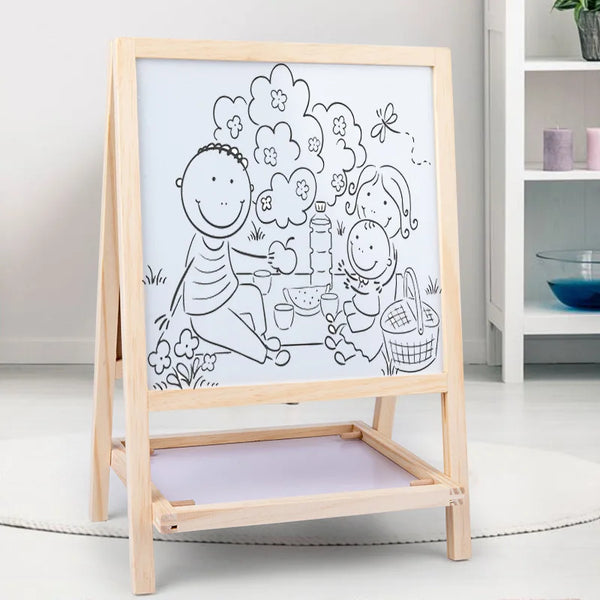 Wooden Double-Sided Drawing Blackboard & Whiteboard featuring playful children's drawing and easel design.