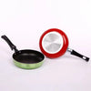 Non Stick Aluminum Mini Round Frying Pan in green and red with ergonomic handles on a white background.