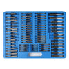 110-Piece Tap and Die Set with Case displayed in a blue storage tray, featuring various tap and die tools.