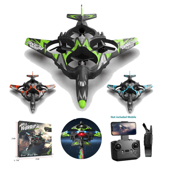 2.4G Wi-Fi Gravity Sensing Spray Fighter RC Airplane in various colors with accessories and packaging.