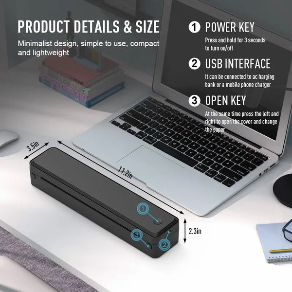 Portable Wireless Thermal Printer dimensions and features with labels for power key, USB interface, and open key.