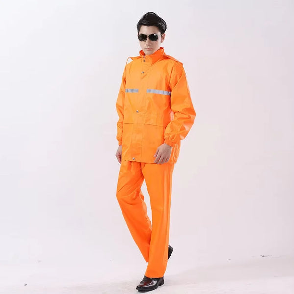 Safety Reflective Work Rain Coat worn by a model in bright orange, showcasing waterproof and reflective features.
