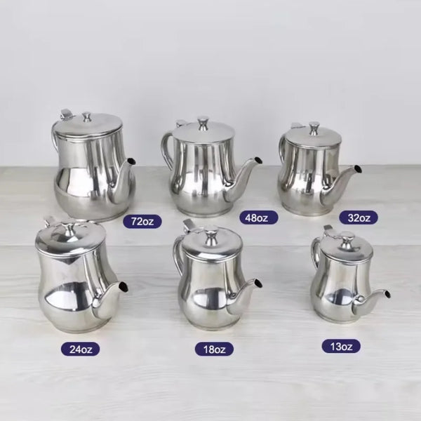 Stainless Steel Cooking Oil and Vinegar Dispenser Bottle, collection of six sizes 72oz, 48oz, 32oz, 24oz, 18oz, and 13oz