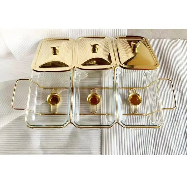 Square Glass Lid Buffet Chafing Dish Food Warmer with gold accents and glass containers for catering and events.