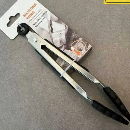 Durable Stainless Steel and Silicone Kitchen Tong displayed with packaging on a grey surface.