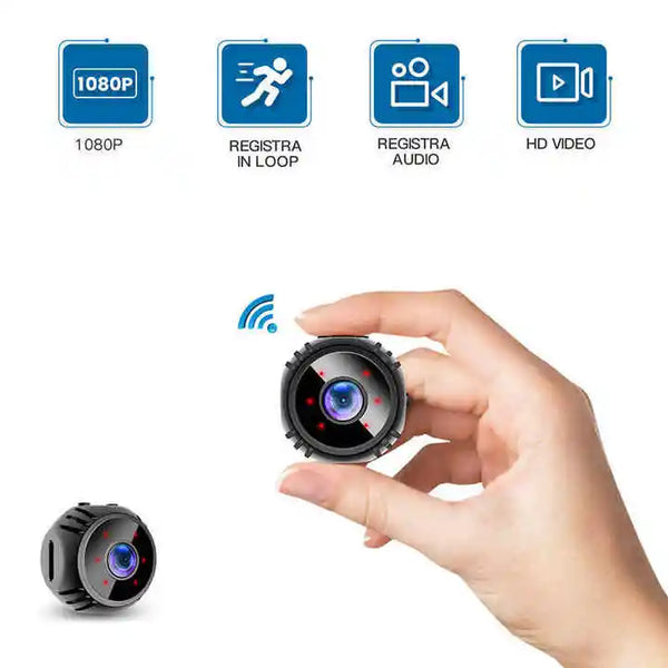High Definition Mini Wireless WiFi Camera with Night Vision in hand showing features like 1080P and HD video.