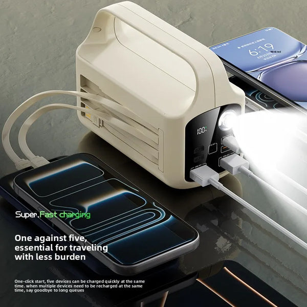 Border Large Capacity 160000mAh Plastic Power Bank charging multiple devices with a flashlight feature.