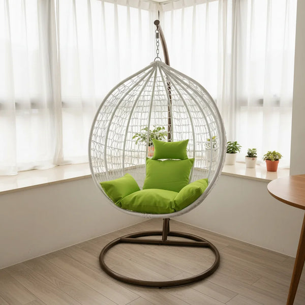 Modern Indoor-Outdoor Swing Chair in a bright green color, suspended in a stylish indoor setting for relaxation.