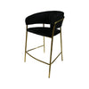 Upholstered Bar Stool with Curved Back and Black Metal Frame featuring channel-stitched backrest and slim design.