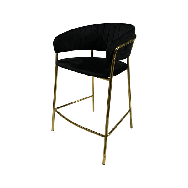 Upholstered Bar Stool with Curved Back and Black Metal Frame featuring channel-stitched backrest and slim design.