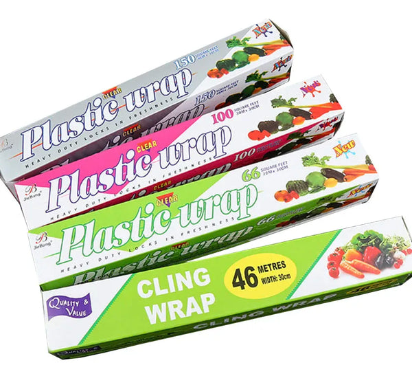 Ultra Clear Food Grade Anti-Fog Cling Film and Plastic Wrap on display, showcasing various sizes and colors.
